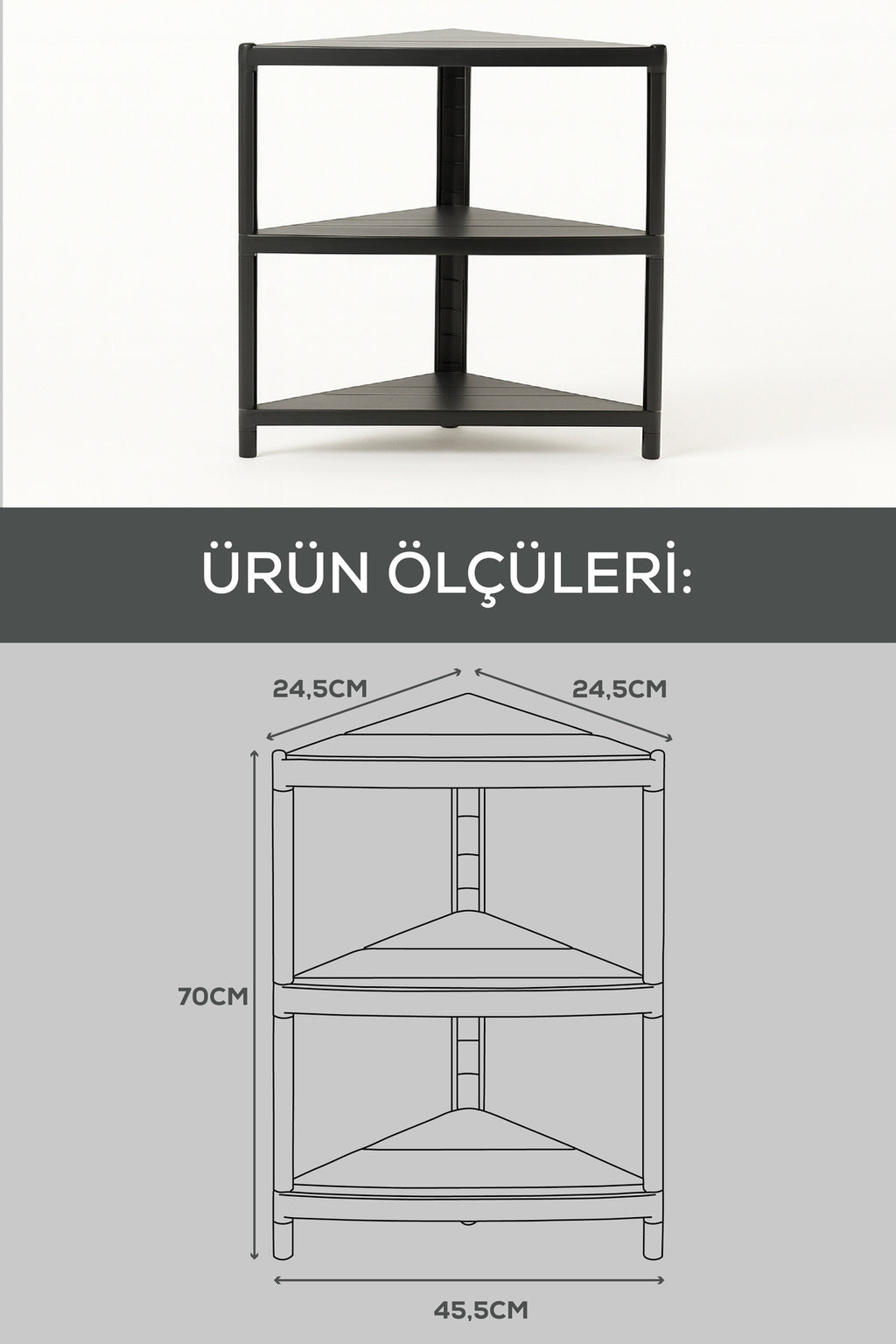 Köşe Tipi 3 Katlı Çok Amaçlı Mutfak ve Banyo Rafı Siyah
