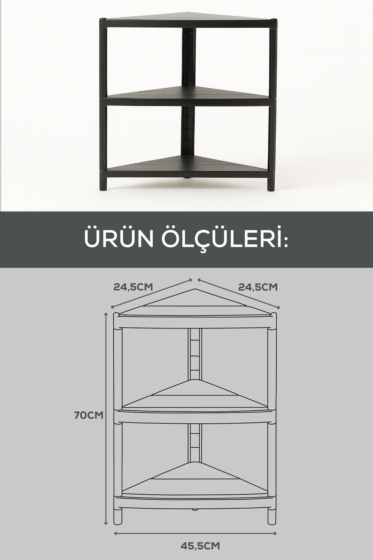 Köşe Tipi 3 Katlı Çok Amaçlı Mutfak ve Banyo Rafı Siyah