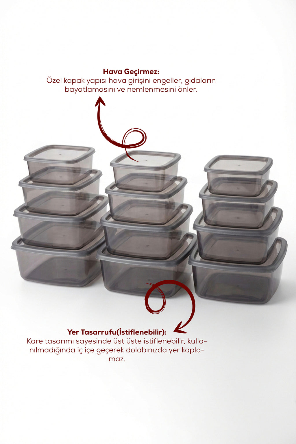 12'li Kare Hava Geçirmez Saklama Kabı Antrasit (1,4 lt - 850 ml - 500 ml - 270 ml)