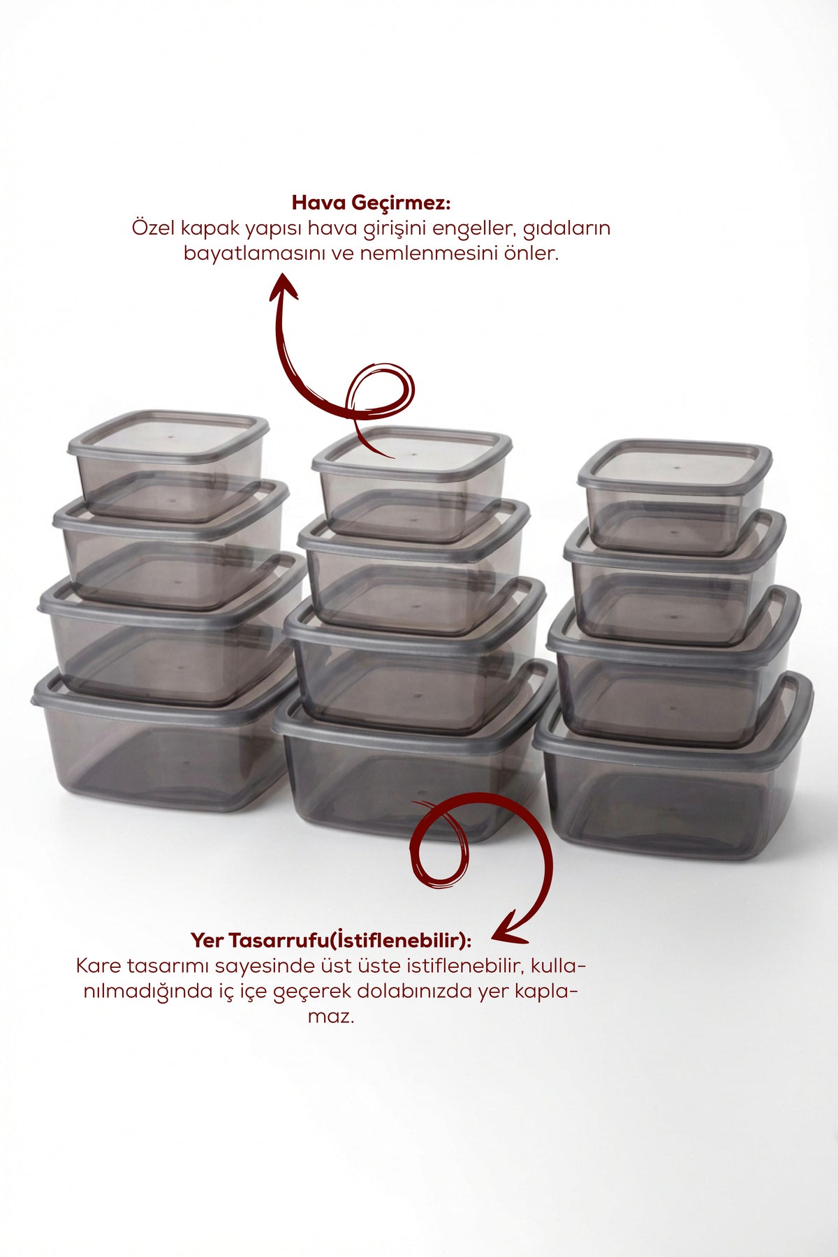 12'li Kare Hava Geçirmez Saklama Kabı Antrasit (1,4 lt - 850 ml - 500 ml - 270 ml)