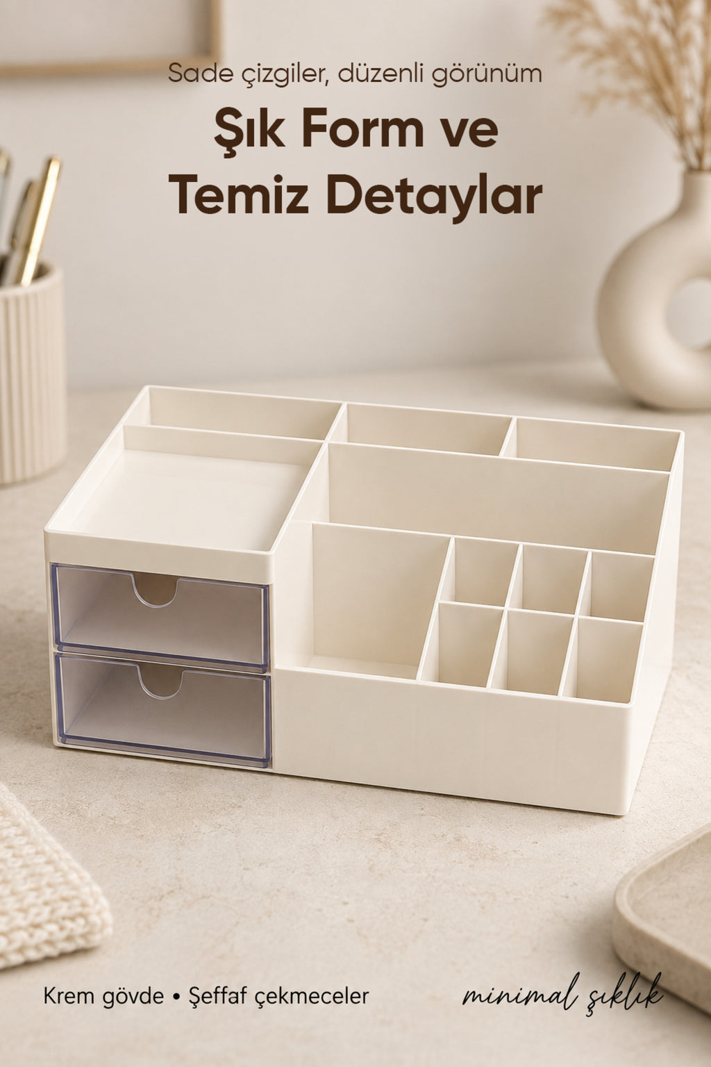 Çift Çekmeceli 11 Bölmeli Organizer Makyaj Kozmetik Masaüstü Düzenleyici Çok Amaçlı Saklama Kutusu