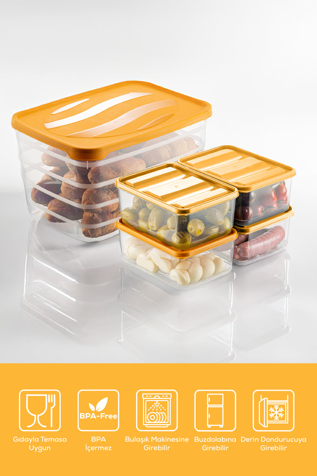 5'li Set Dondurucu ve Mikrodalgaya Uygun Buzdolabı Düzenleyici 1x(5 Litre) 4x(775 ml) Turuncu