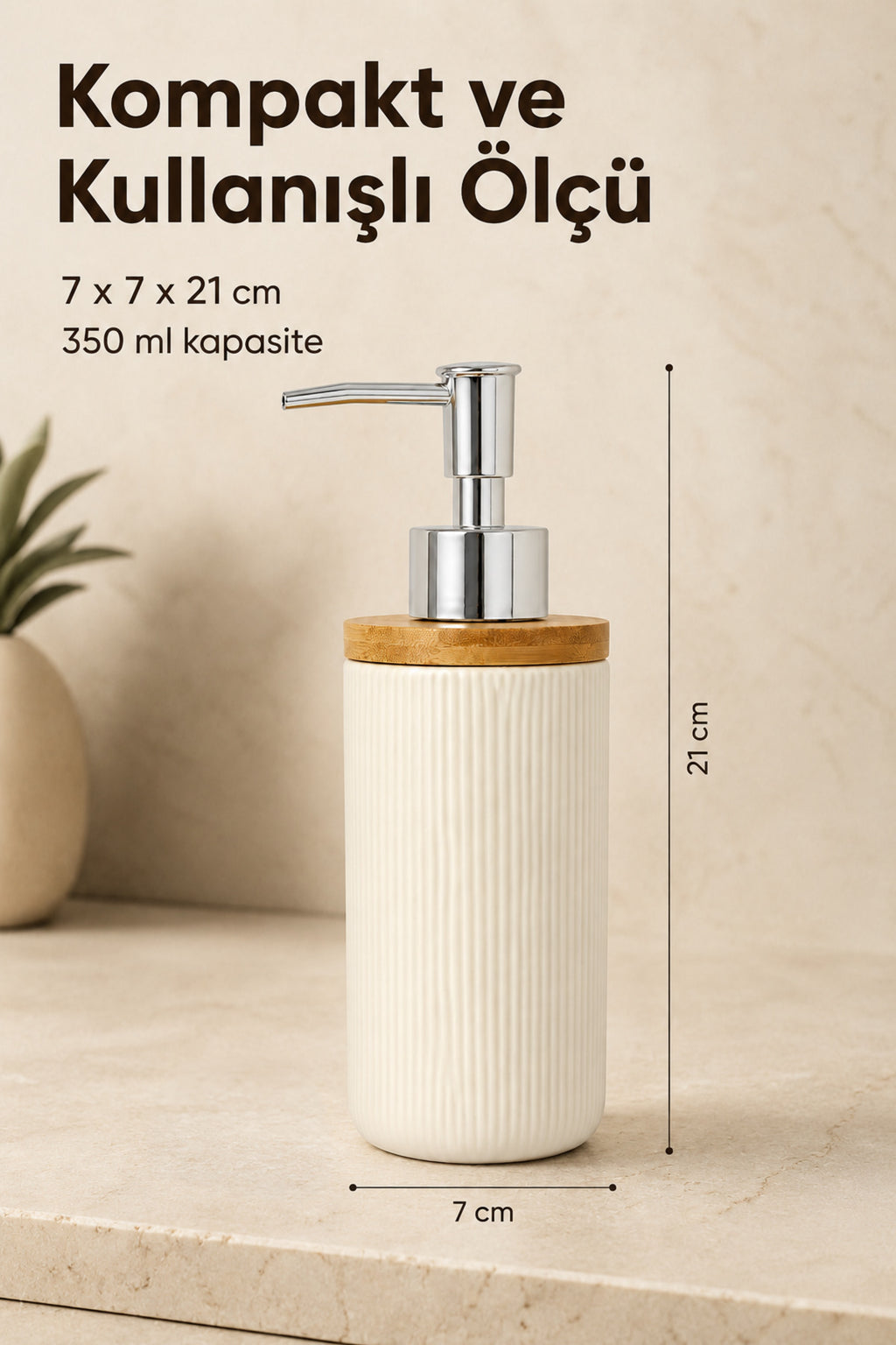 Bambu Kapaklı Çizgili Porselen Sıvı Sabunluk 350 ml Bej