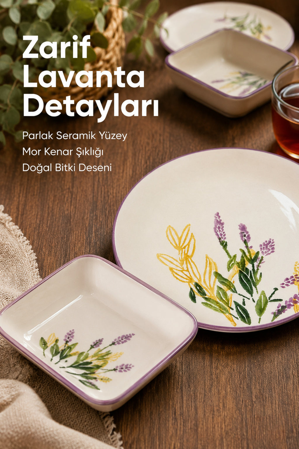 14 Parça 6 Kişilik Lavanta Desen Seramik Kahvaltı Takım Seti