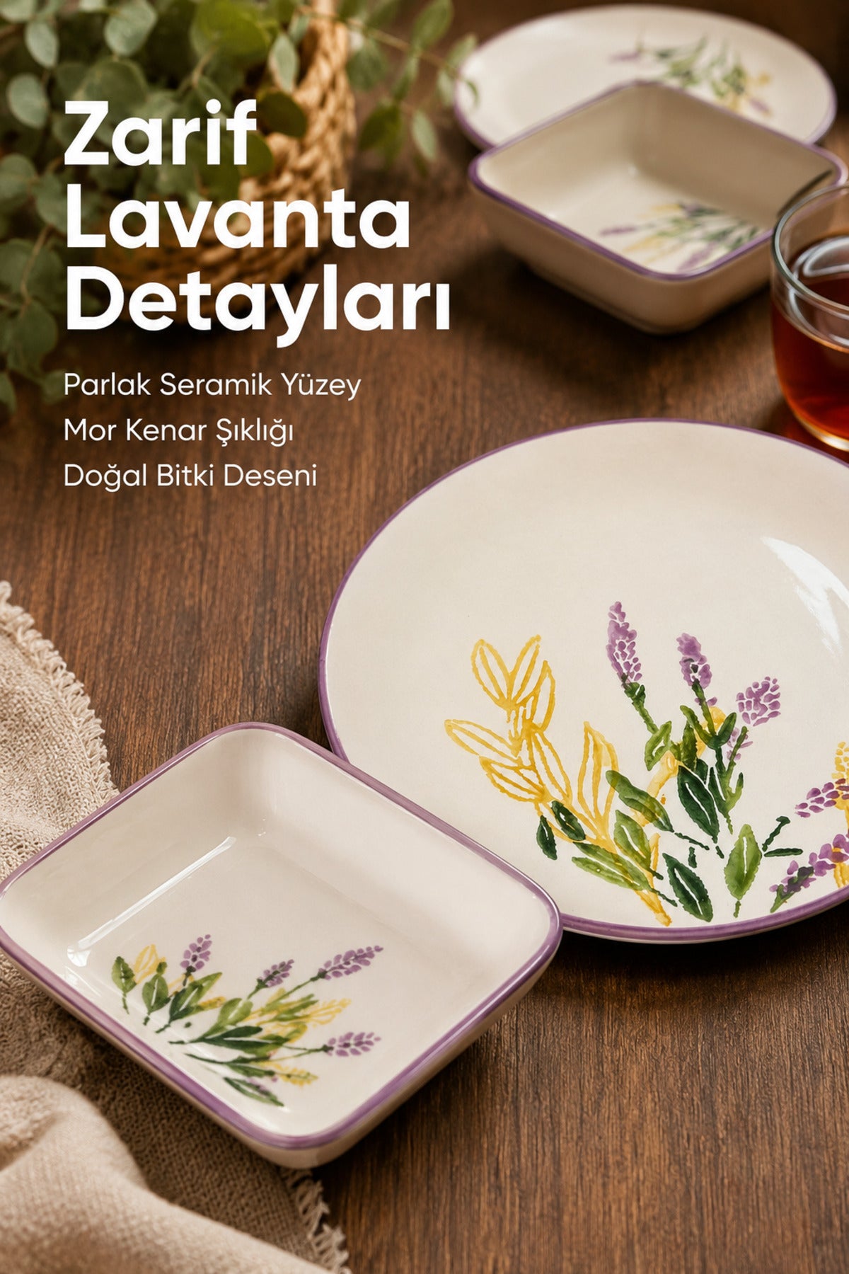 14 Parça 6 Kişilik Lavanta Desen Seramik Kahvaltı Takım Seti