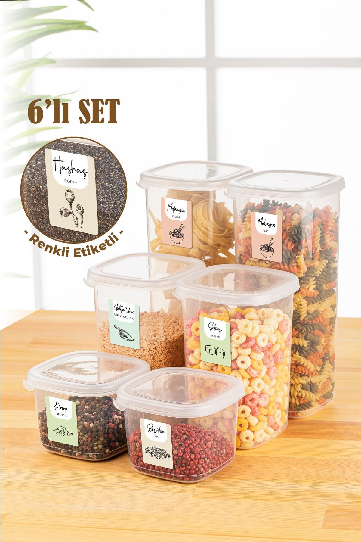Renkli Etiketli 6lı Peggy Kare Erzak Saklama Kabı 2x(0,55 Litre, 1,2 Litre, 1,75 Litre) Beyaz