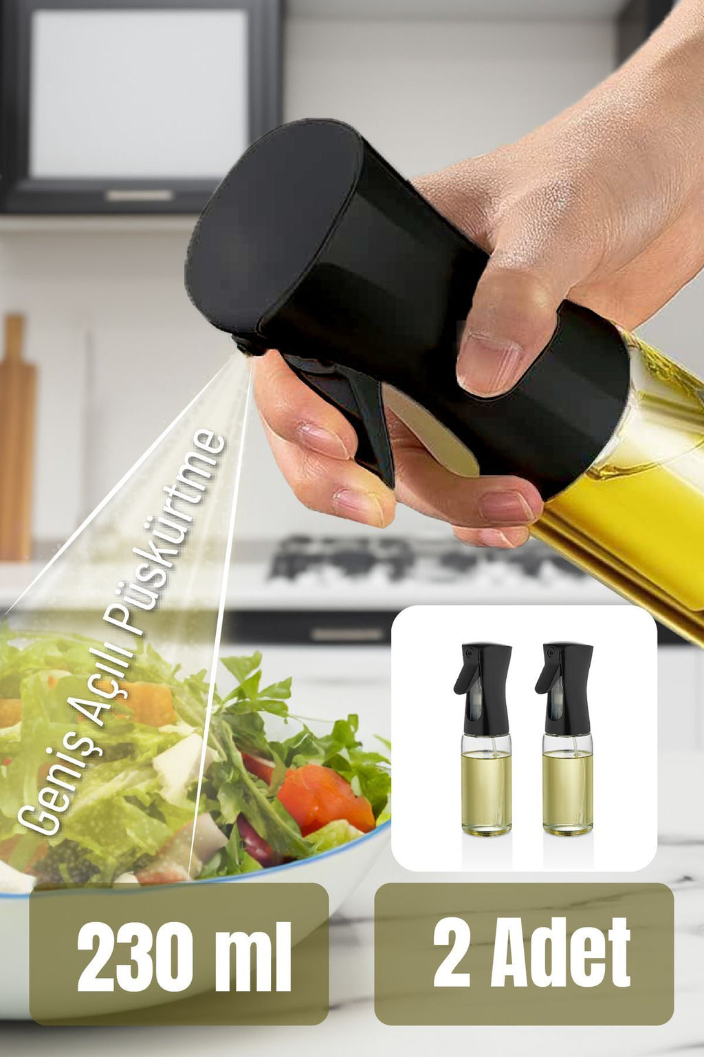 2'li Airfryer Sprey Yağdanlık Cam Şişe - Izgara Fritöz Salata Yağ Püskürtücü Siyah