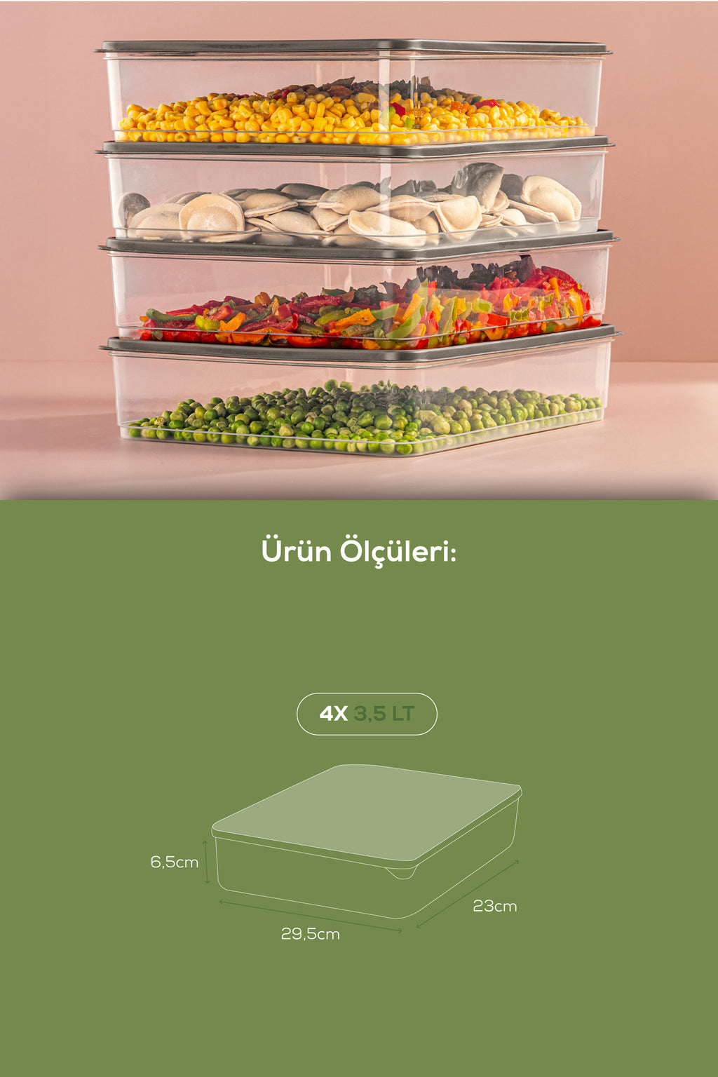 4'lü 3,5 Litre Buzdolabı Düzenleyici Organizer Mikrodalgaya Uygun Difriz Saklama Kabı Gri