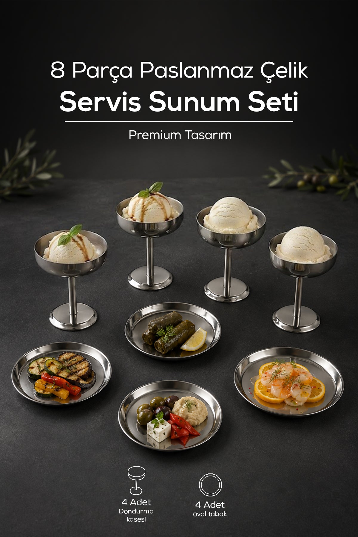 8 Parça Paslanmaz Çelik Geniş Uzun Dondurma Kasesi, Çerezlik ve Servis Seti, Tatlı Servis Tabağı