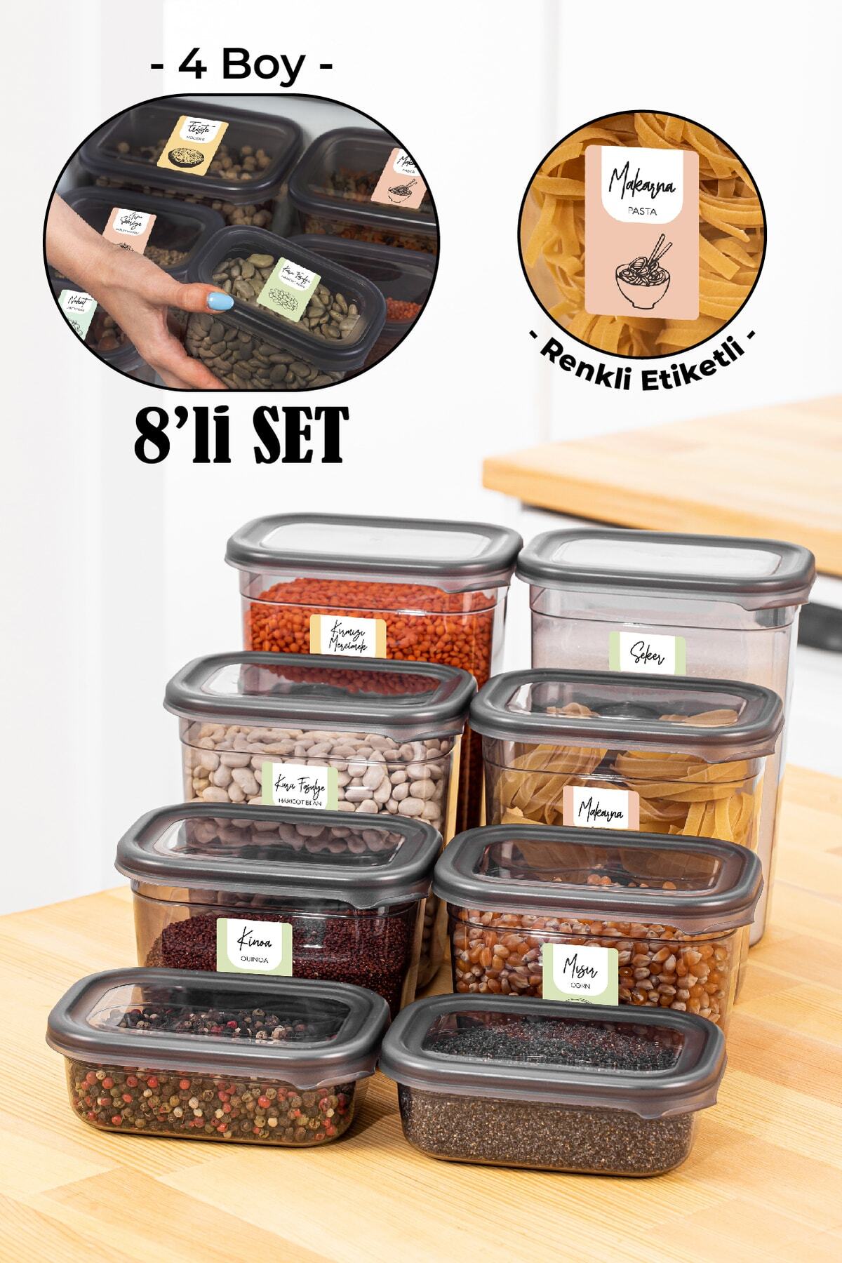 Renkli Etiketli 8li Peggy Dikdörtgen Saklama Kabı Seti 4x(1500-1150 Ml) Antrasit