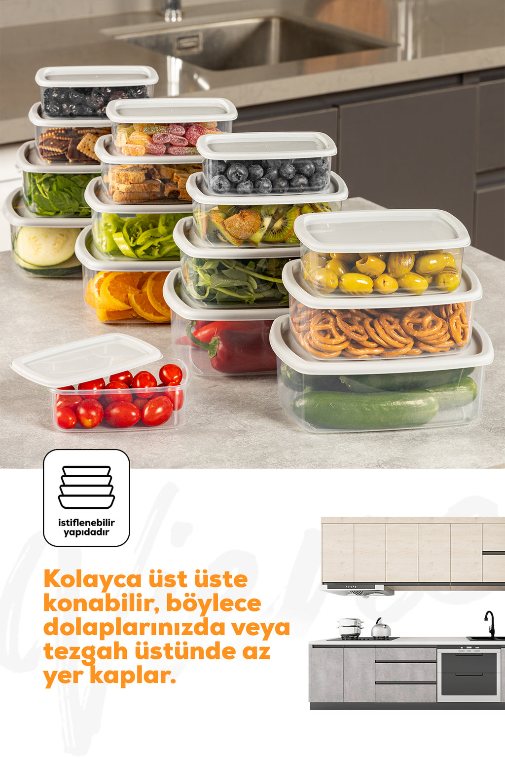 24'lü Hava Geçirmez Saklama Kabı Seti Gri 6x(250-500-750-1200 ML)