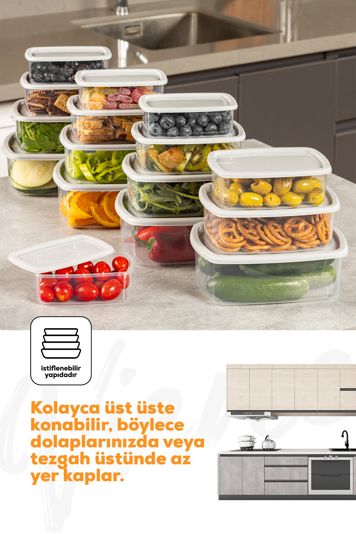 24'lü Hava Geçirmez Saklama Kabı Seti Gri 6x(250-500-750-1200 ML)