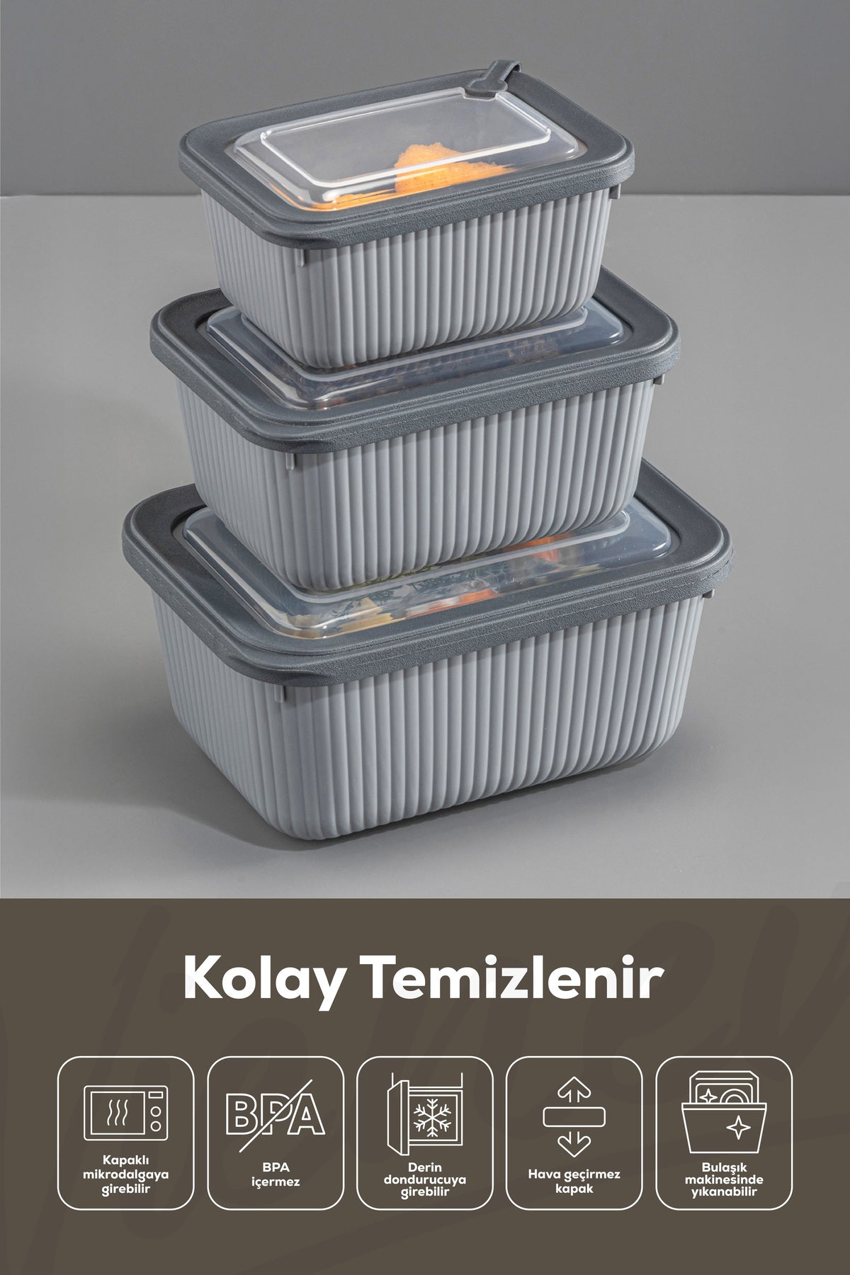 12'li Vip Dikdörtgen Mikrodalga Ve Difrize Uygun Saklama Kabı Seti Gri 4x(1750,1050,600 ML)