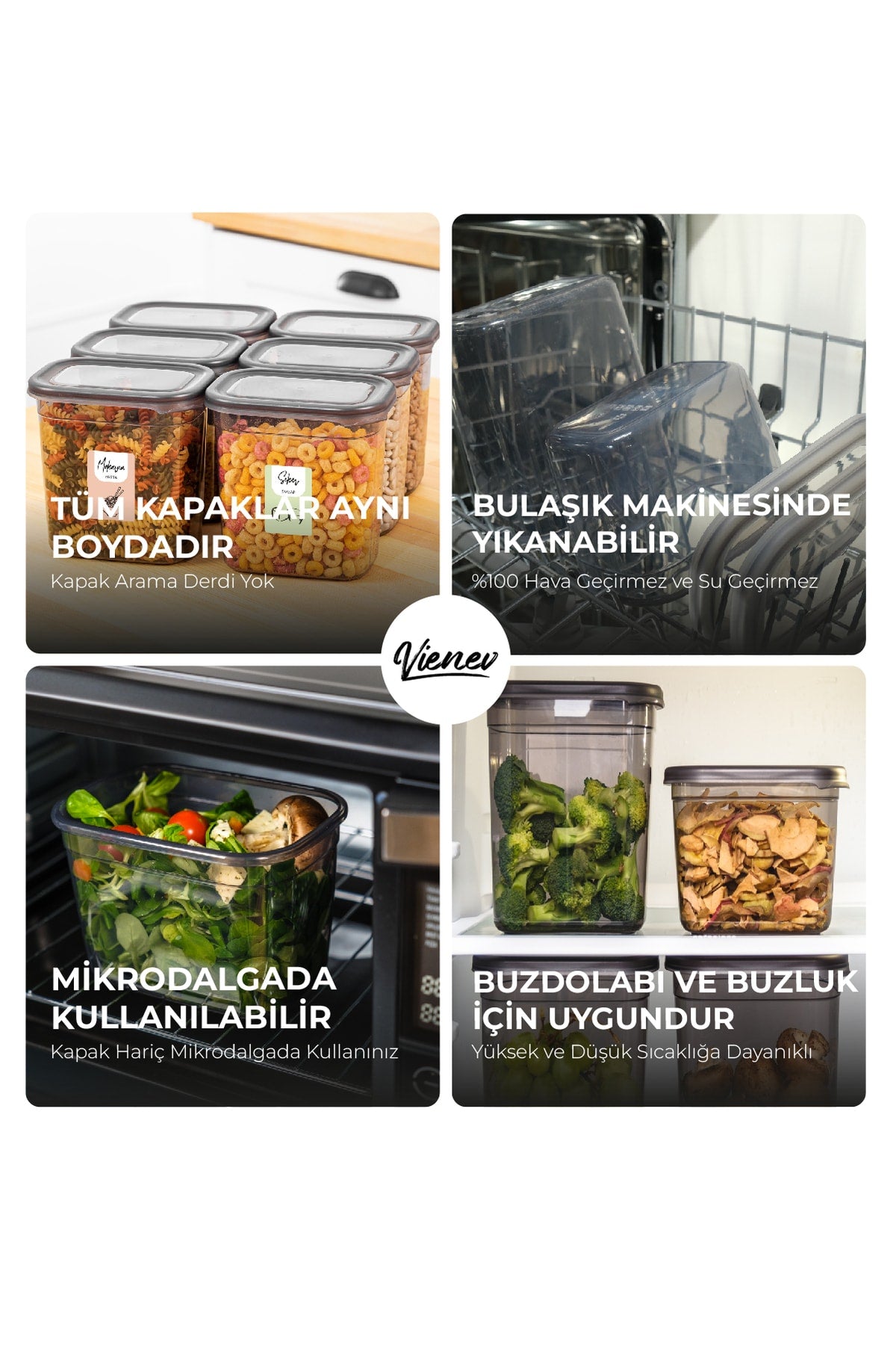 Renkli Etiketli 6lı Peggy Dikdörtgen Saklama Kabı Seti 3x(1500-1150 Ml) Antrasit