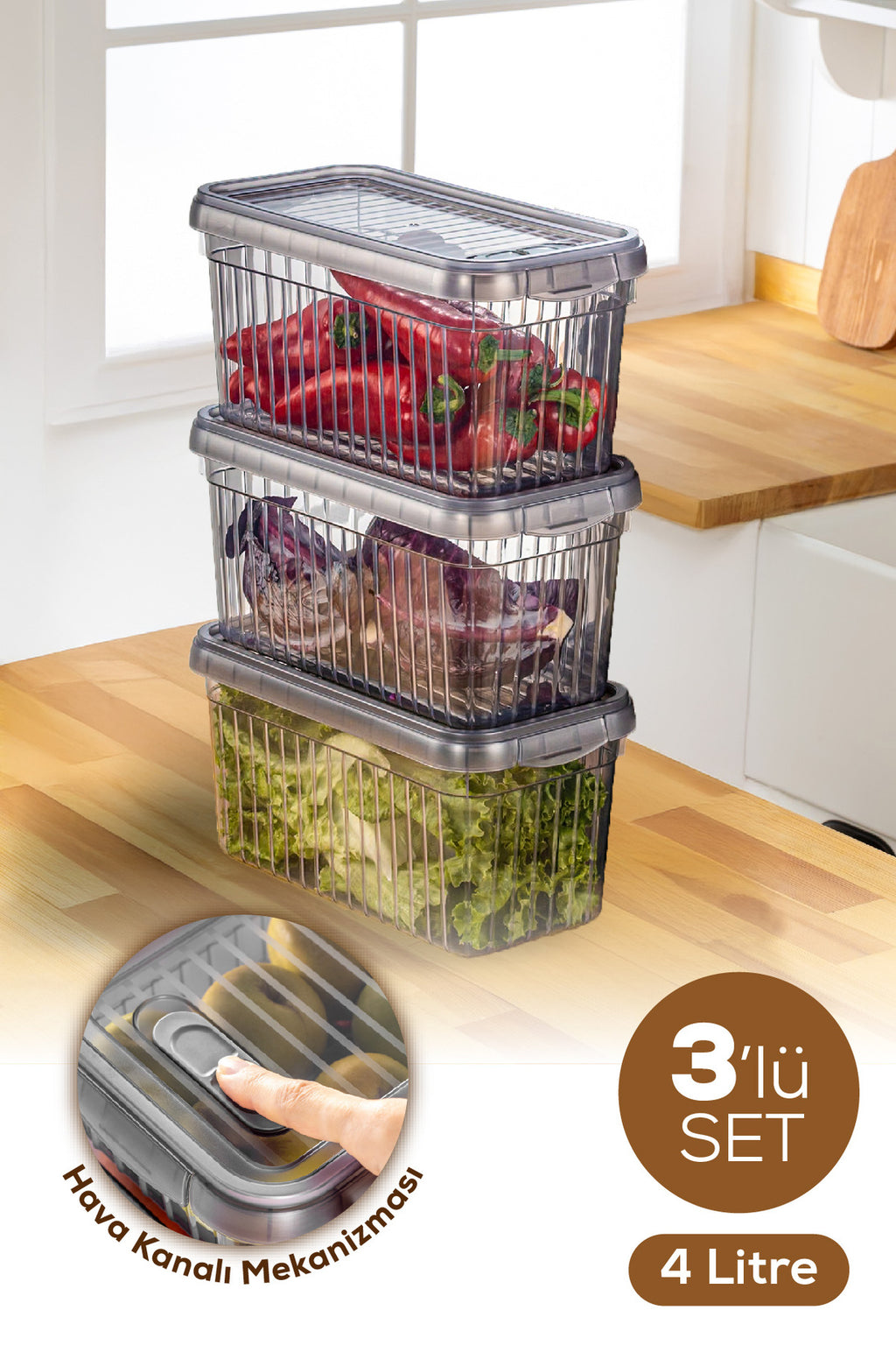 3'lü Kendinden Çizgili Kilitli Kapaklı Saklama Kabı Seti 4 Litre