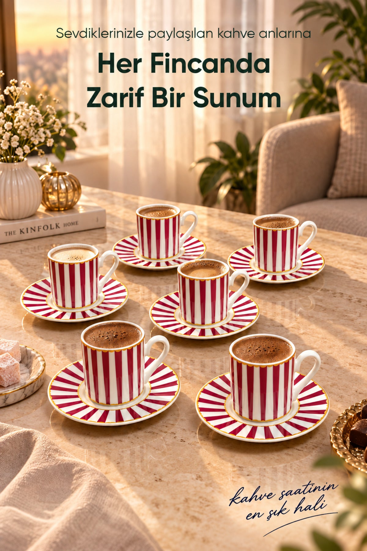 6 Kişilik Pembe Çizgili Porselen Kahve Fincanı Takımı 12 Parça Altın Yaldız Detaylı Şık Sunum Seti