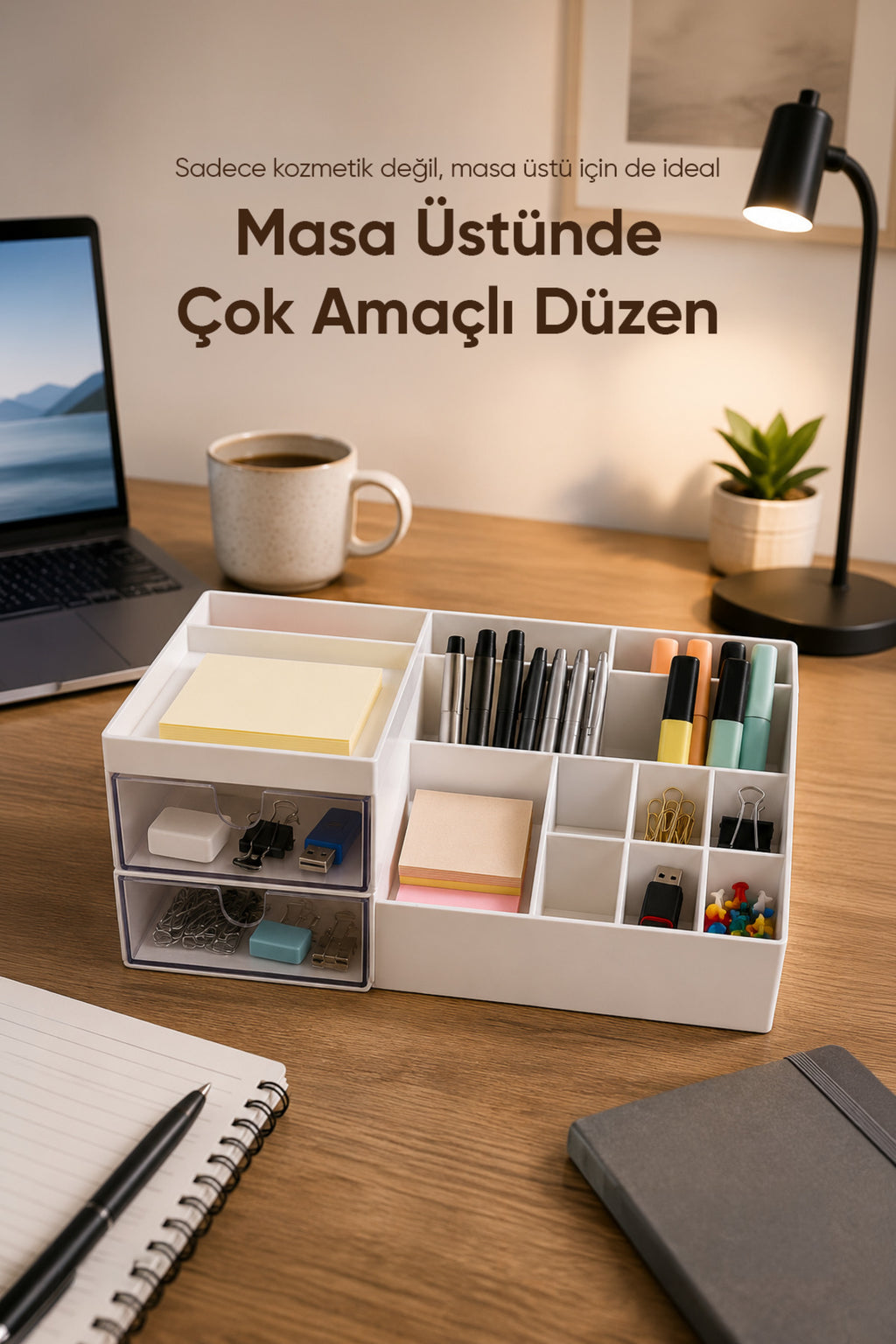 2'li Makyaj Düzenleyici Seti Fanus Kapaklı Fırçalık ve 11 Bölmeli Çekmeceli Kozmetik Organizer Seti