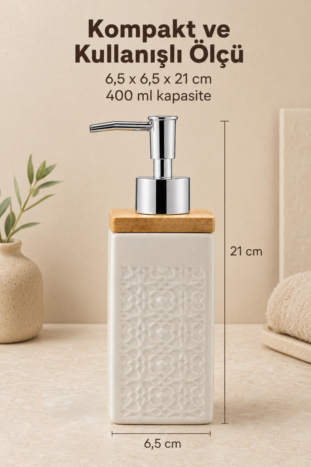 Kabartma Desenli Porselen Sıvı Sabunluk Bambu Kapaklı Kare Model 400 ml Bej