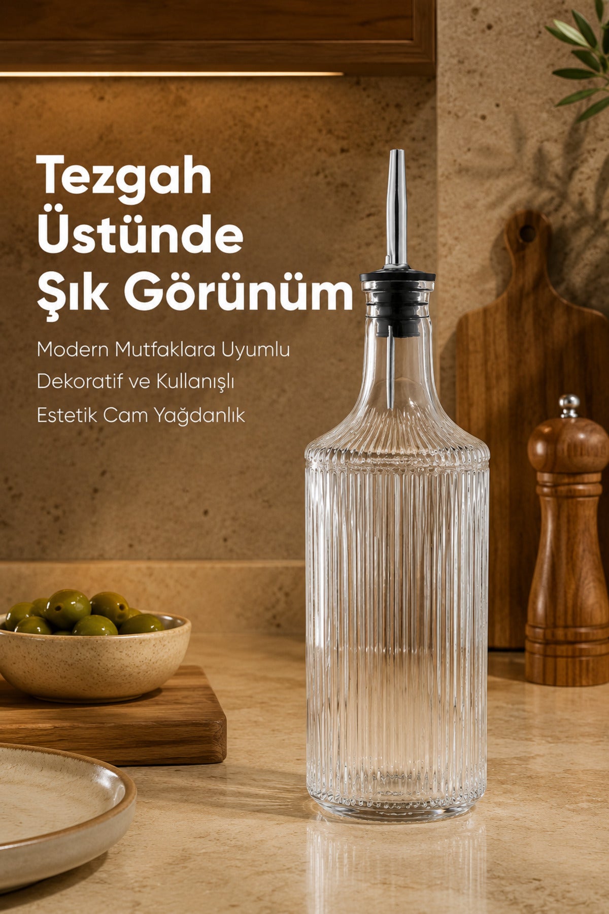 2’li Çizgili Cam Yağdanlık Seti 750 cc Yağ Sirke Şişesi Sızdırmaz