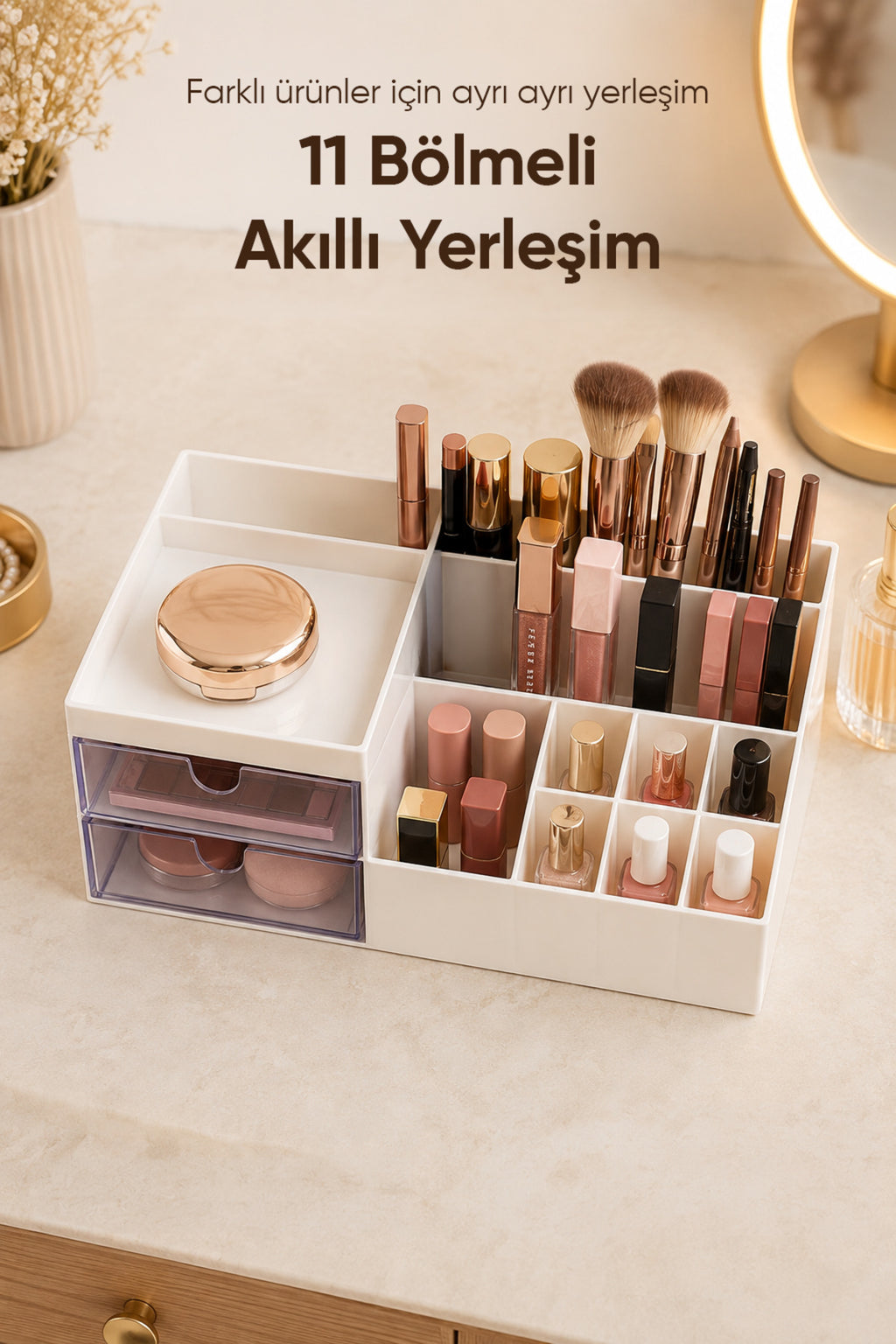 Çift Çekmeceli 11 Bölmeli Organizer Makyaj Kozmetik Masaüstü Düzenleyici Çok Amaçlı Saklama Kutusu