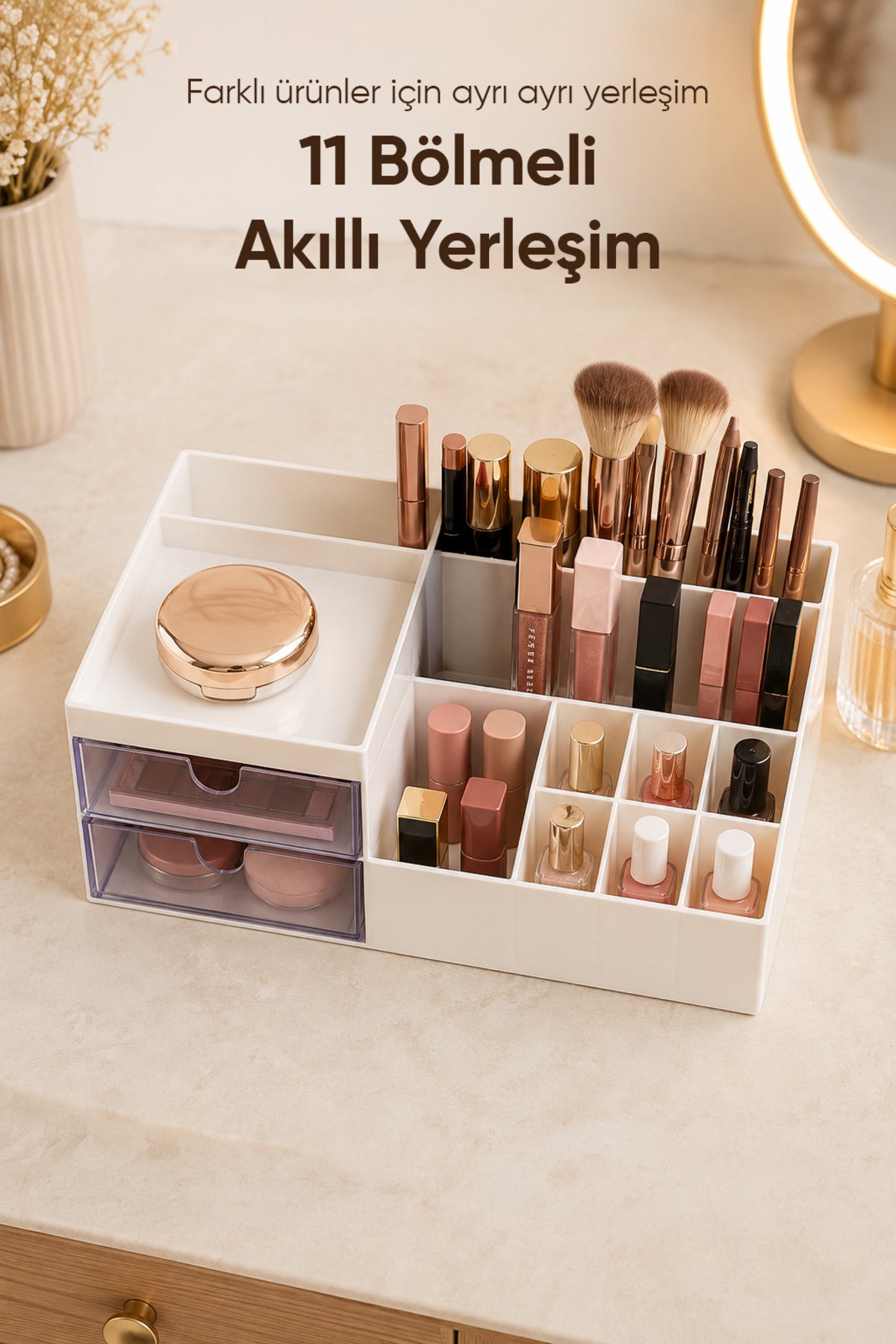 Çift Çekmeceli 11 Bölmeli Organizer Makyaj Kozmetik Masaüstü Düzenleyici Çok Amaçlı Saklama Kutusu