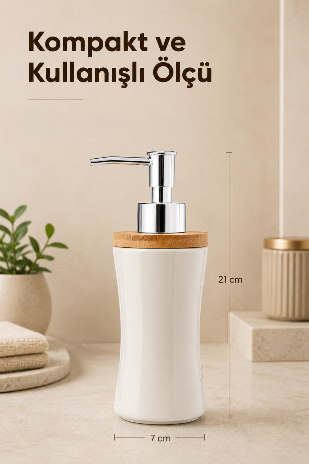 Bambu Kapaklı Porselen Sıvı Sabunluk 300 ml Bej