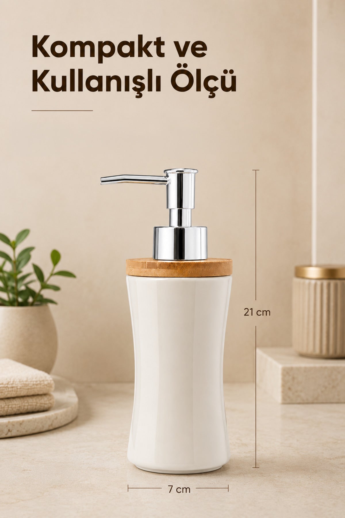 Bambu Kapaklı Porselen Sıvı Sabunluk 300 ml Bej