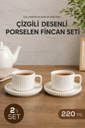 2 Kişilik Çizgili Beyaz Porselen Çay Fincanı Seti 220 ml Tabaklı Şık Çay Fincan Takımı