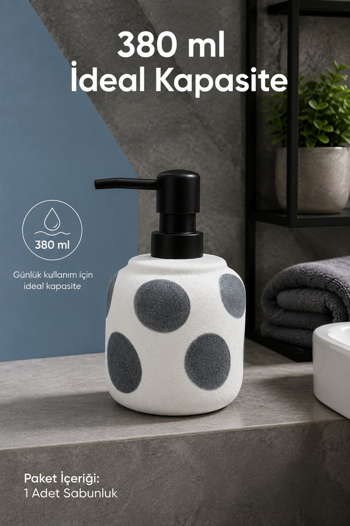 Gri Puantiyeli Seramik Sıvı Sabunluk 380 ml Beyaz Lüks Banyo Mutfak Sıvı Sabunluk