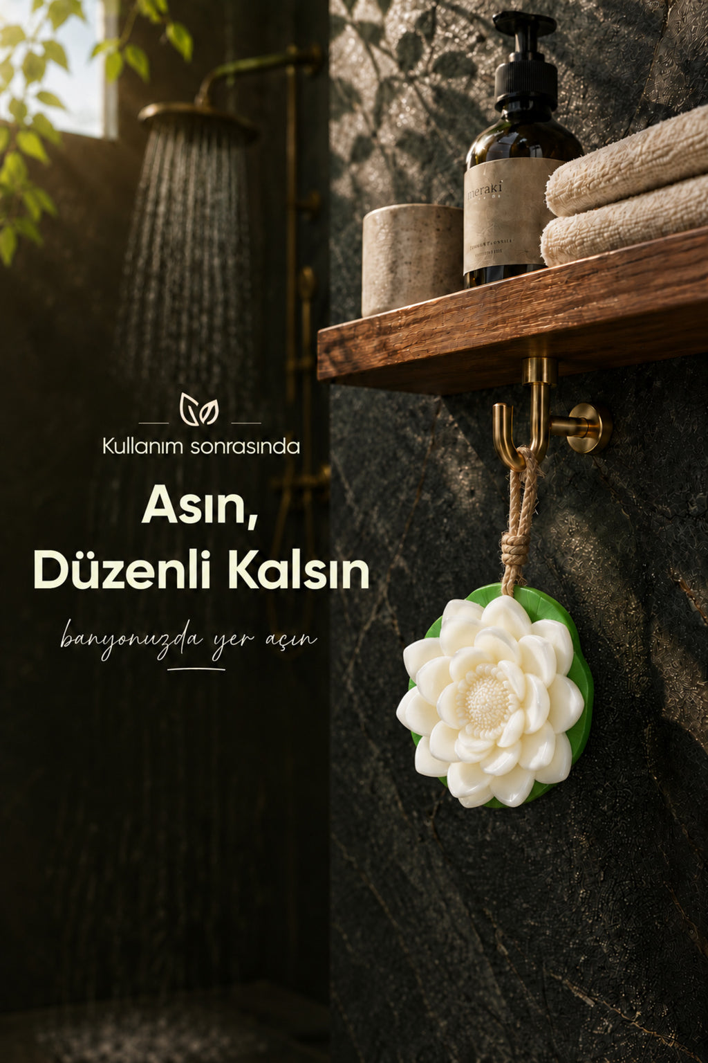 Yapraklı Beyaz Nilüfer Şekilli Katı Sabun 9,5 x3,5 cm Asılabilir Dekoratif Banyo El Sabun