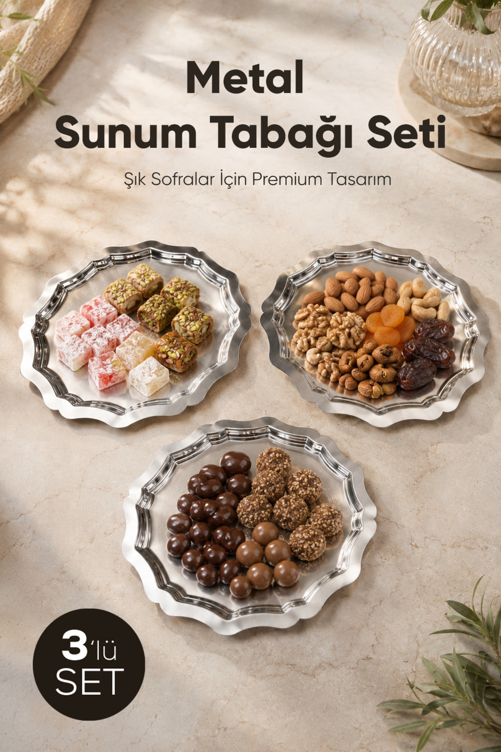 3'lü Metal Sunum Tabağı Seti 24 cm - çiçek dekor sunum tepsi
