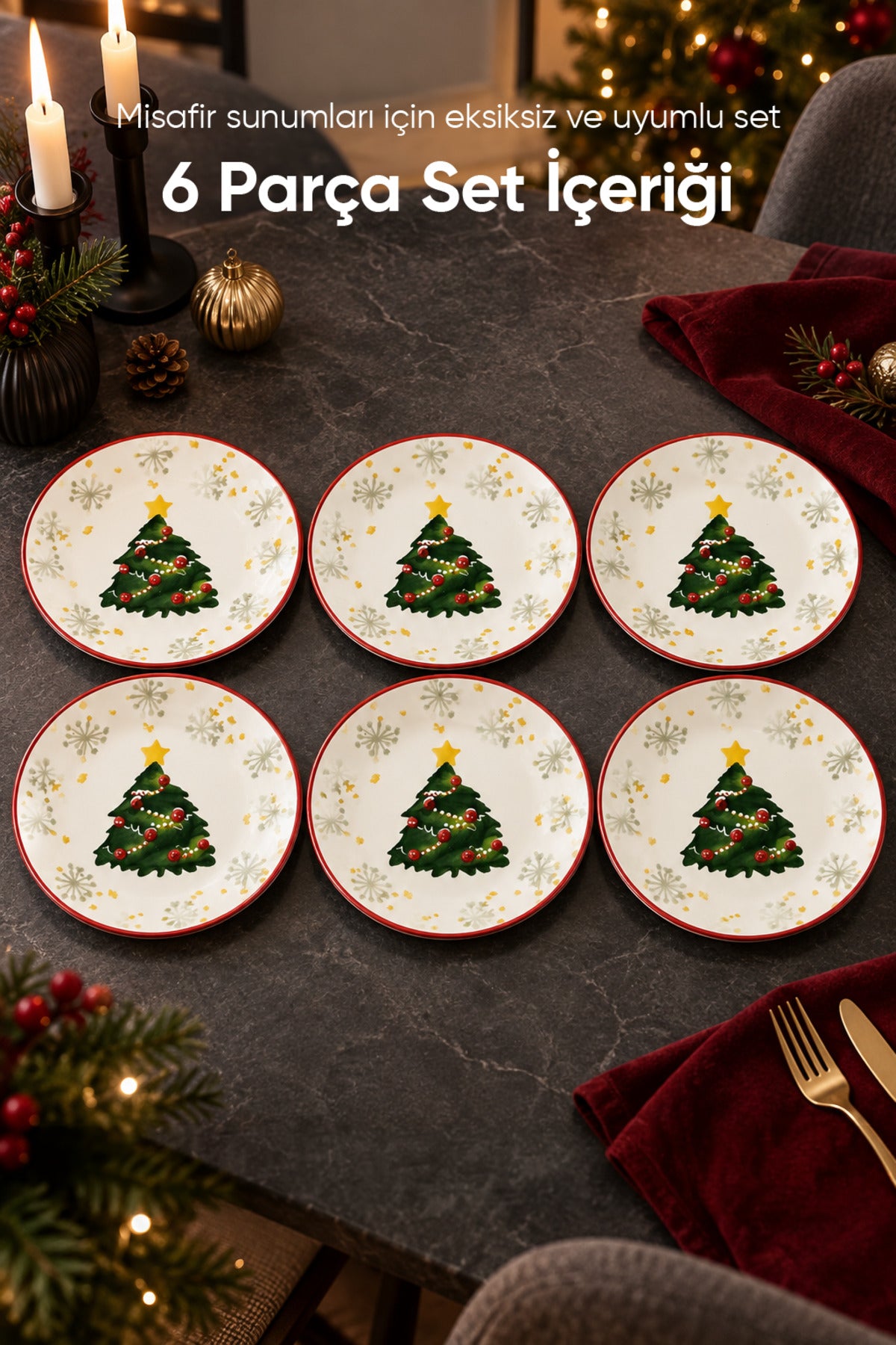6'lı Süslü Yılbaşı Çam Ağacı Desenli Pasta Tabağı 19 cm Tatlı Sunum Servis Tabağı Kırmızı Beyaz 6 Kişilik