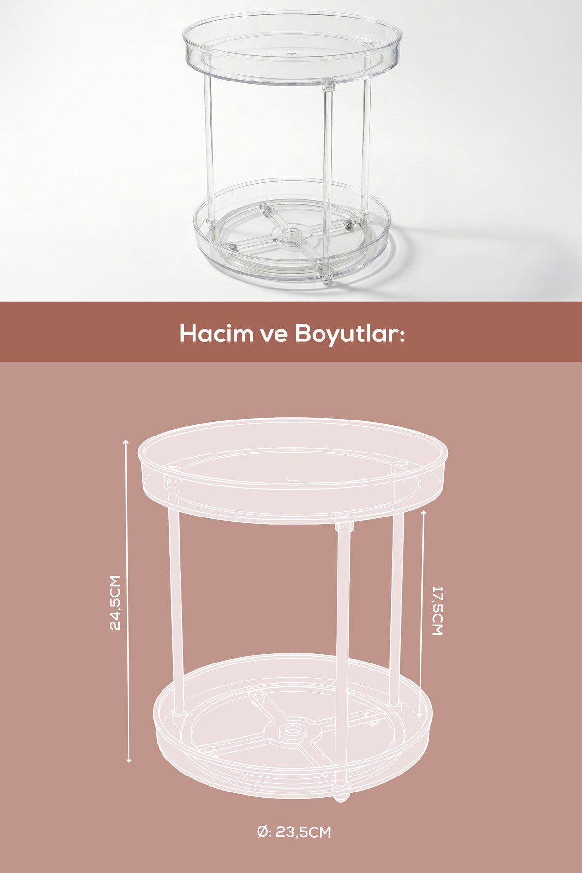 2 Katlı Döner Organizer Banyo Kozmetik Standı | Şeffaf Akrilik Mutfak Baharatlık Düzenleyici