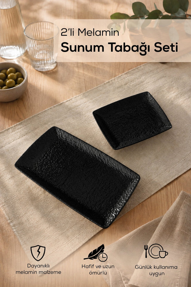 Siyah Desenli Melamin Sunum Tabağı · 2'li