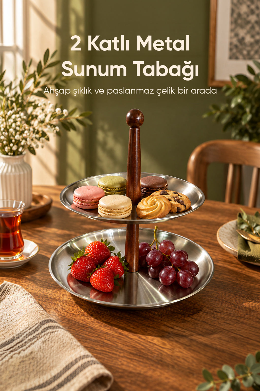 2 Katlı Ahşap Saplı Metal Sunumluk | Servis Standı Kurabiyelik Meyvelik Sunum Tabağı