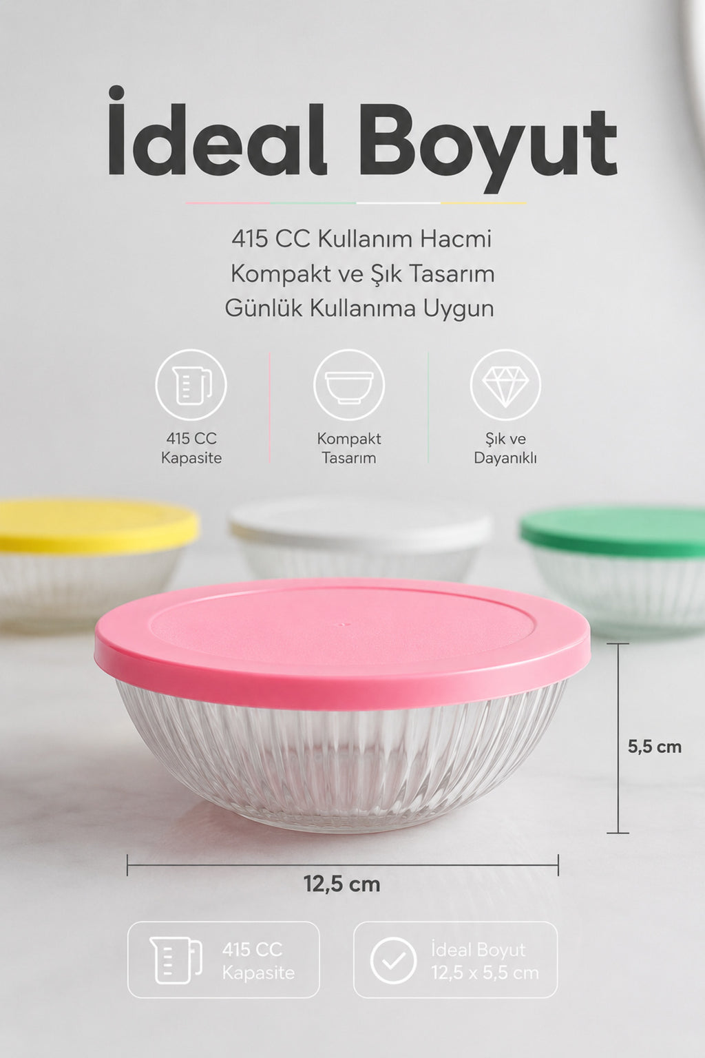 4'lü Renkli Kapaklı Cam Kase Seti 415 cc - Kahvaltılık Saklama Kabı