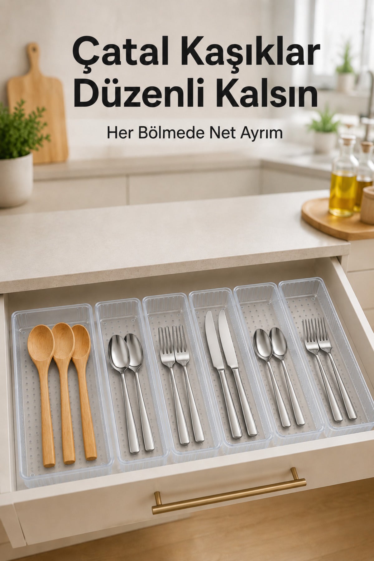 6'lı Modüler Şeffaf Kaşıklık Seti Çekmece İçi Mutfak Çatal Kaşık Bıçak Düzenleyici Organizer (1E5F)