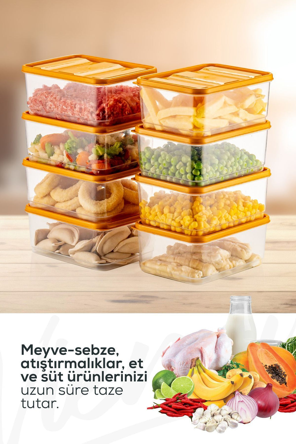 8'li Buzdolabı Düzenleyici Organizer Mikrodalgaya Uygun Difriz Saklama Kabı Turuncu
