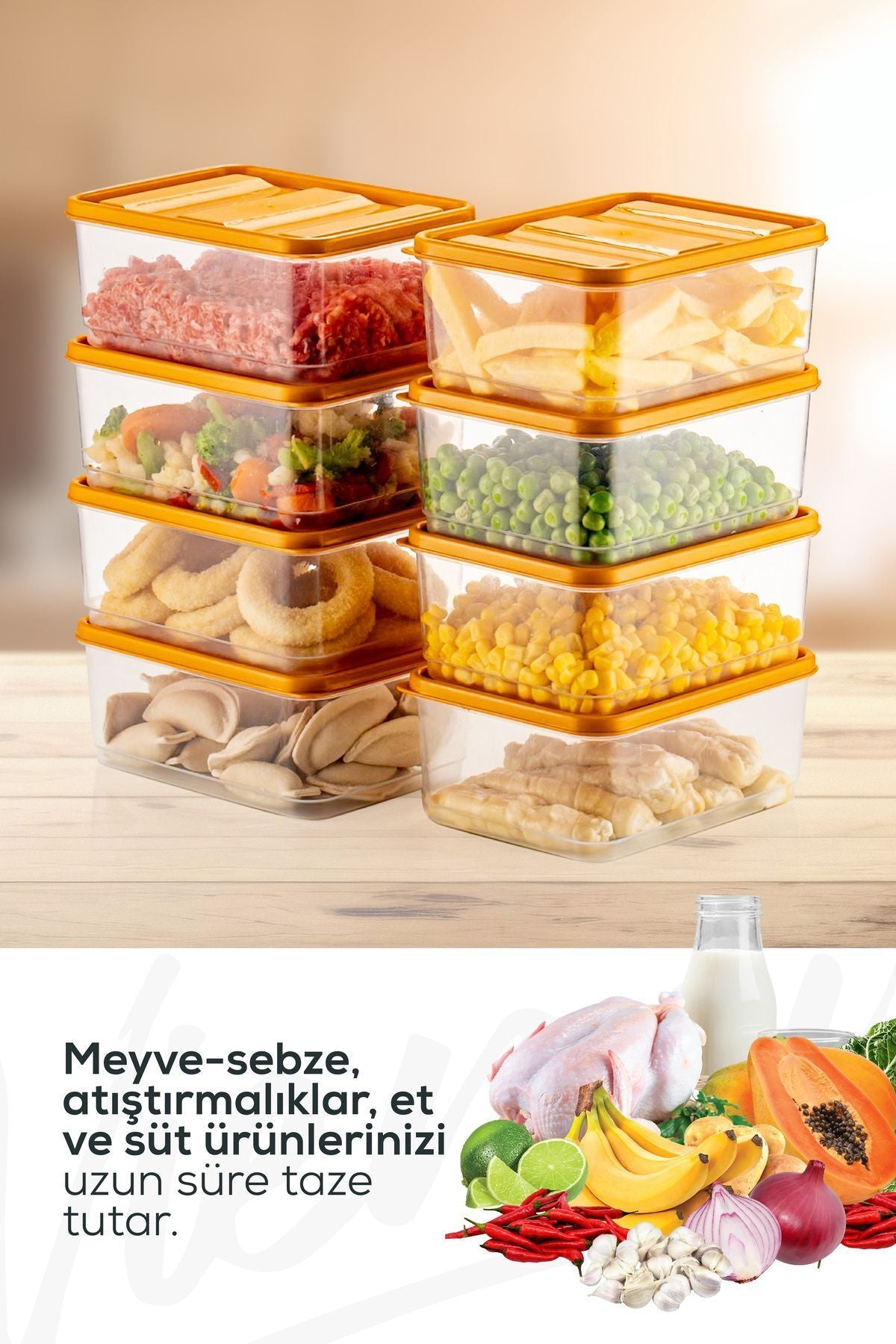 8'li Buzdolabı Düzenleyici Organizer Mikrodalgaya Uygun Difriz Saklama Kabı Turuncu