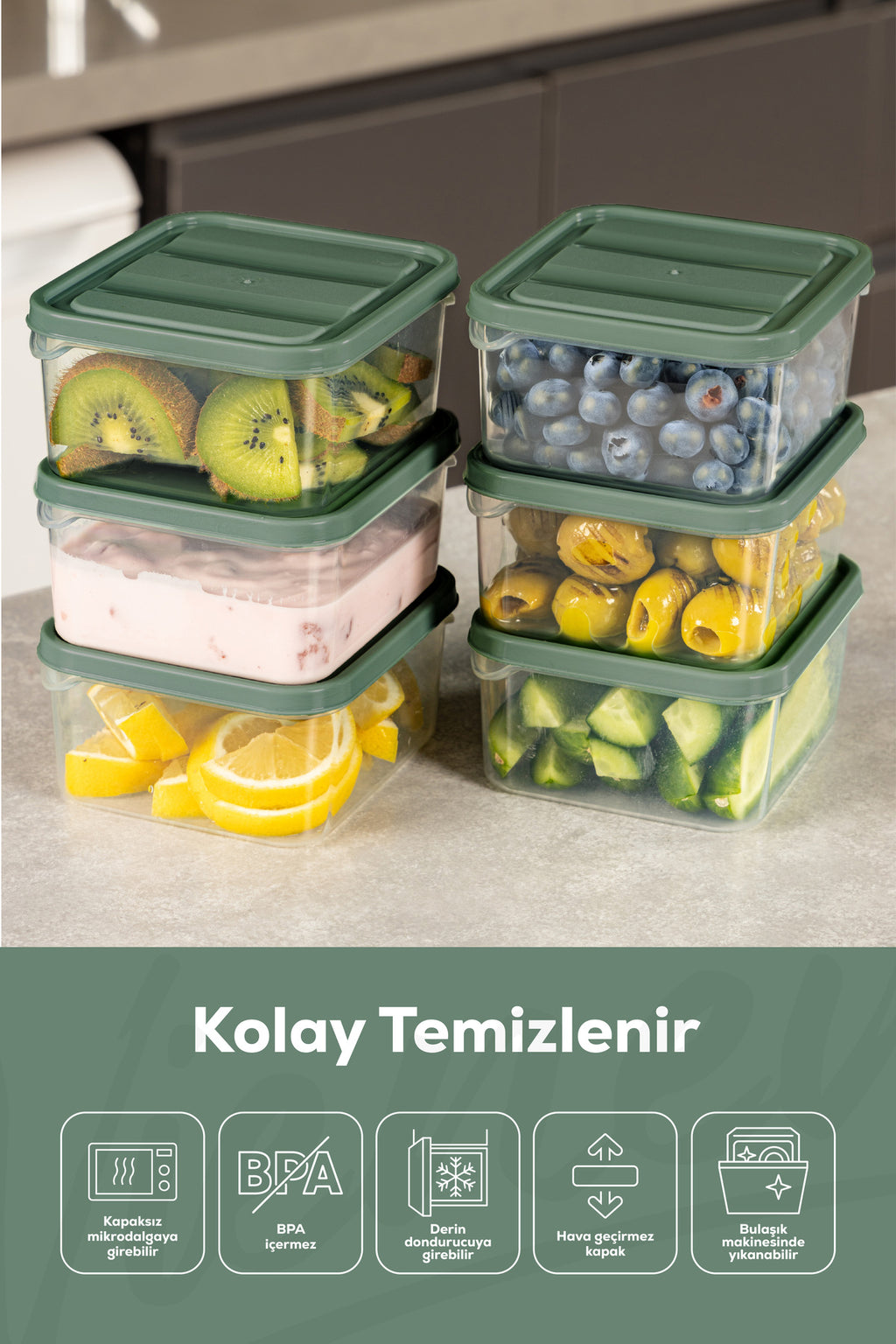 6'lı 350 ml Buzdolabı Dondurucu Organizer Mikrodalga Ve Difrize Uygun Saklama Kabı Yeşil