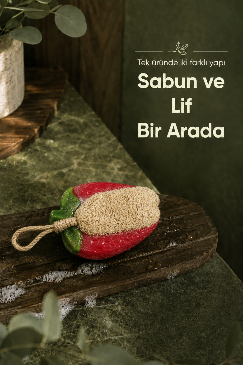Çilek Şekilli Kabak Lifli Sabun 8,5x7x4,8 cm Peeling Etkili Asılabilir Dekoratif Banyo El Sabunu