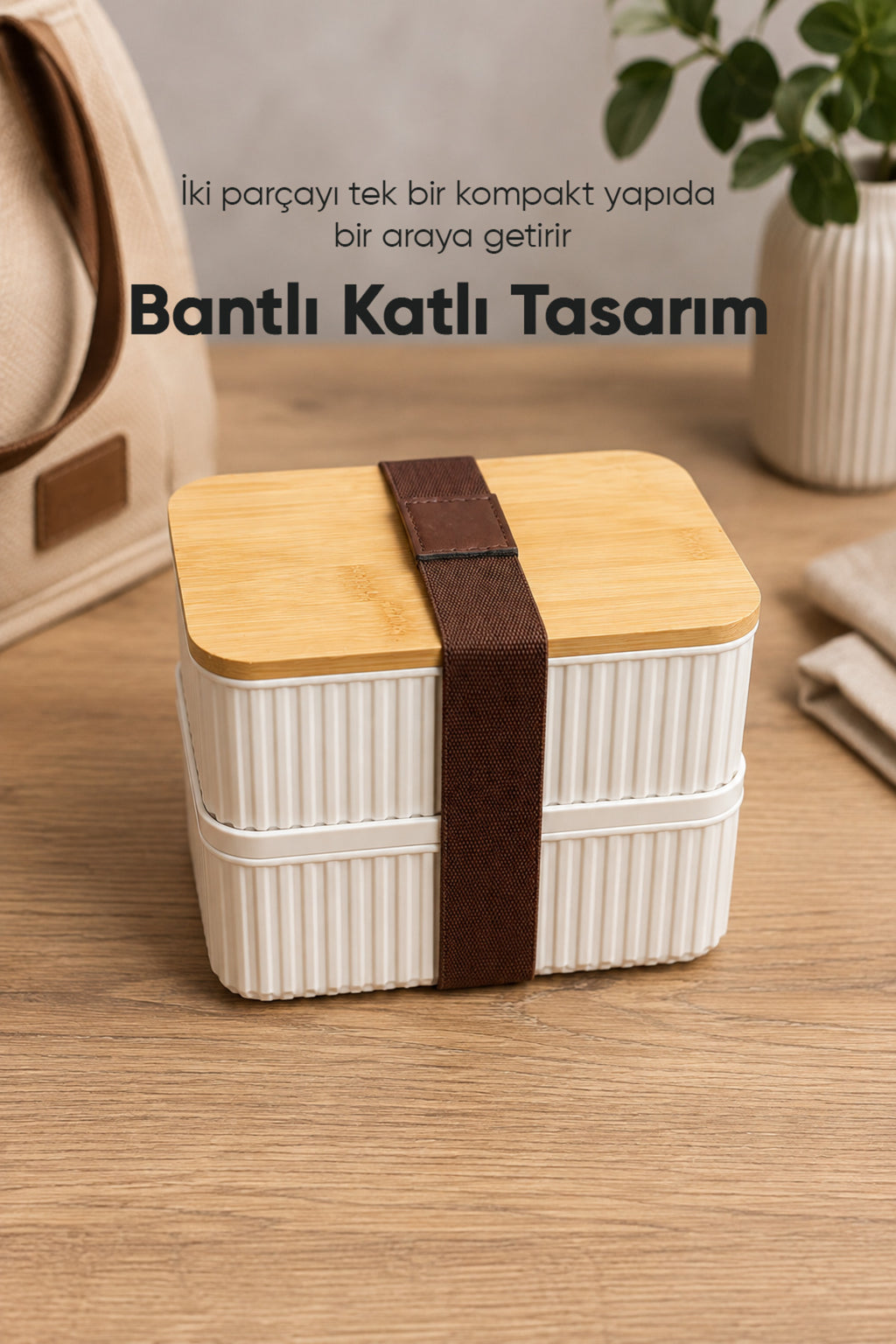 2'li 500 ml Dikdörtgen Fitilli Desenli Bantlı Saklama Kabı Bambu Kapaklı Taşınabilir Beslenme Seti