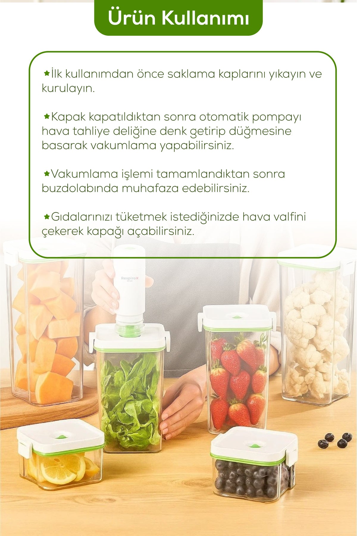 8'li Vakumlu Saklama Kabı Seti | 1x(2 lt-1,3 lt) 2x(0,5 lt) Kap + Şarjlı Pompa + 3x Vakumlu Poşet