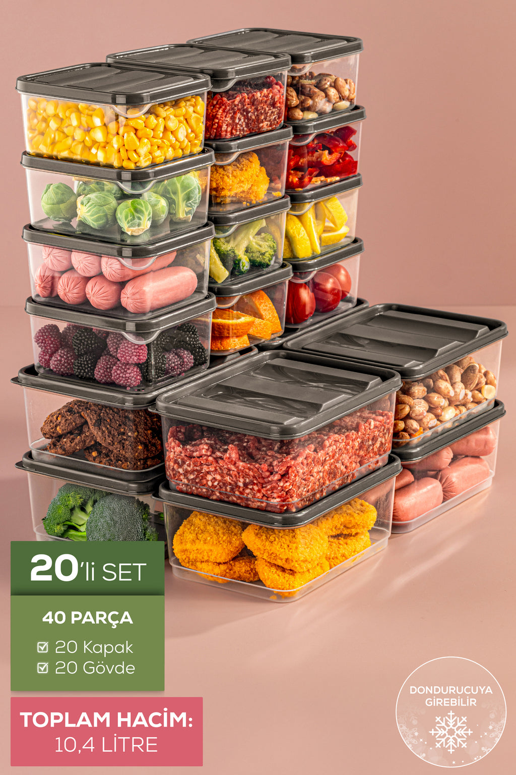 20'li Buzdolabı Düzenleyici Organizer Mikrodalgaya Uygun Difriz Saklama Kabı Gri