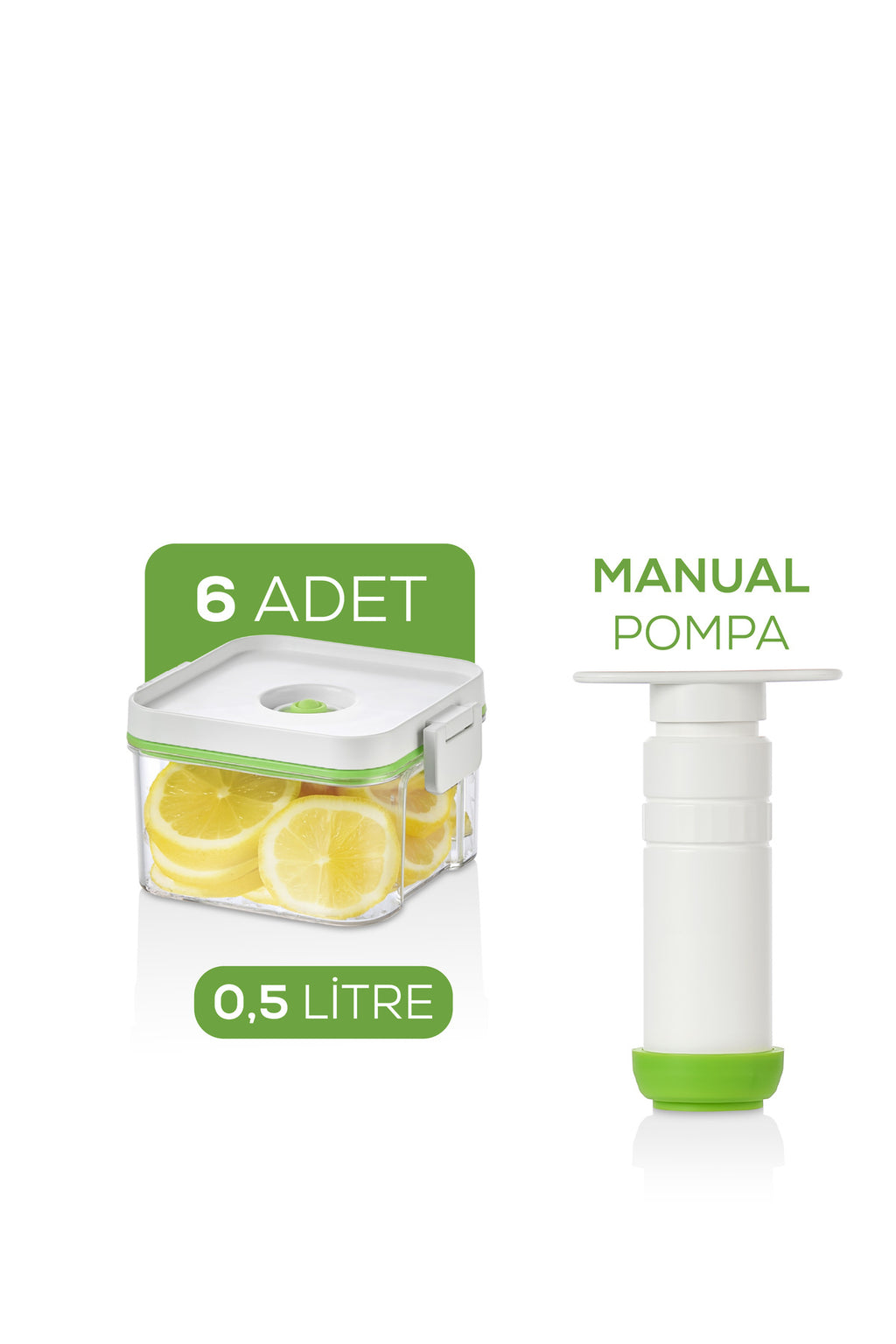 7'li Vakumlu Saklama Kabı Seti | 6x 0,5 Litre Kap + Manuel Pompa