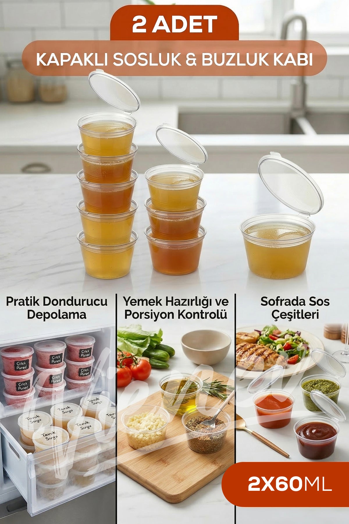 2'li Dondurucuya uygun 60 ml İlik, Tavuk Suyu, Sos, Bebek Maması Saklama Kabı