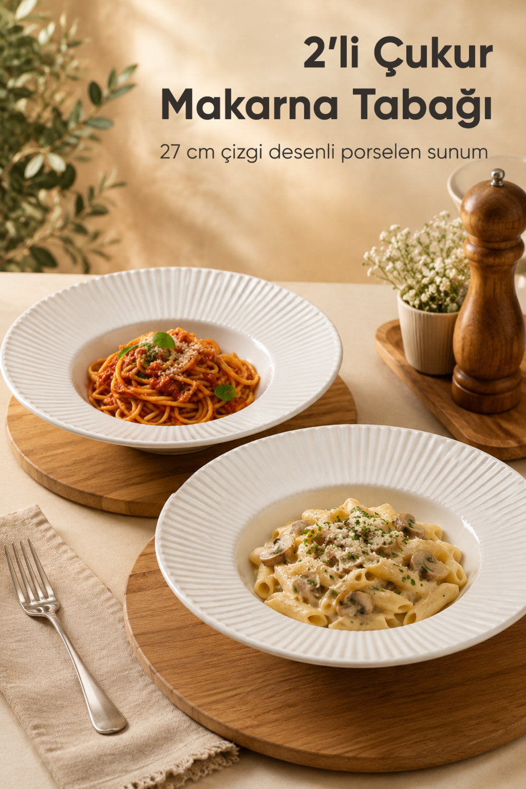 2'li Porselen Çizgi Desenli Çukur Makarna Tabağı Salata Sunum Kasesi 27 cm