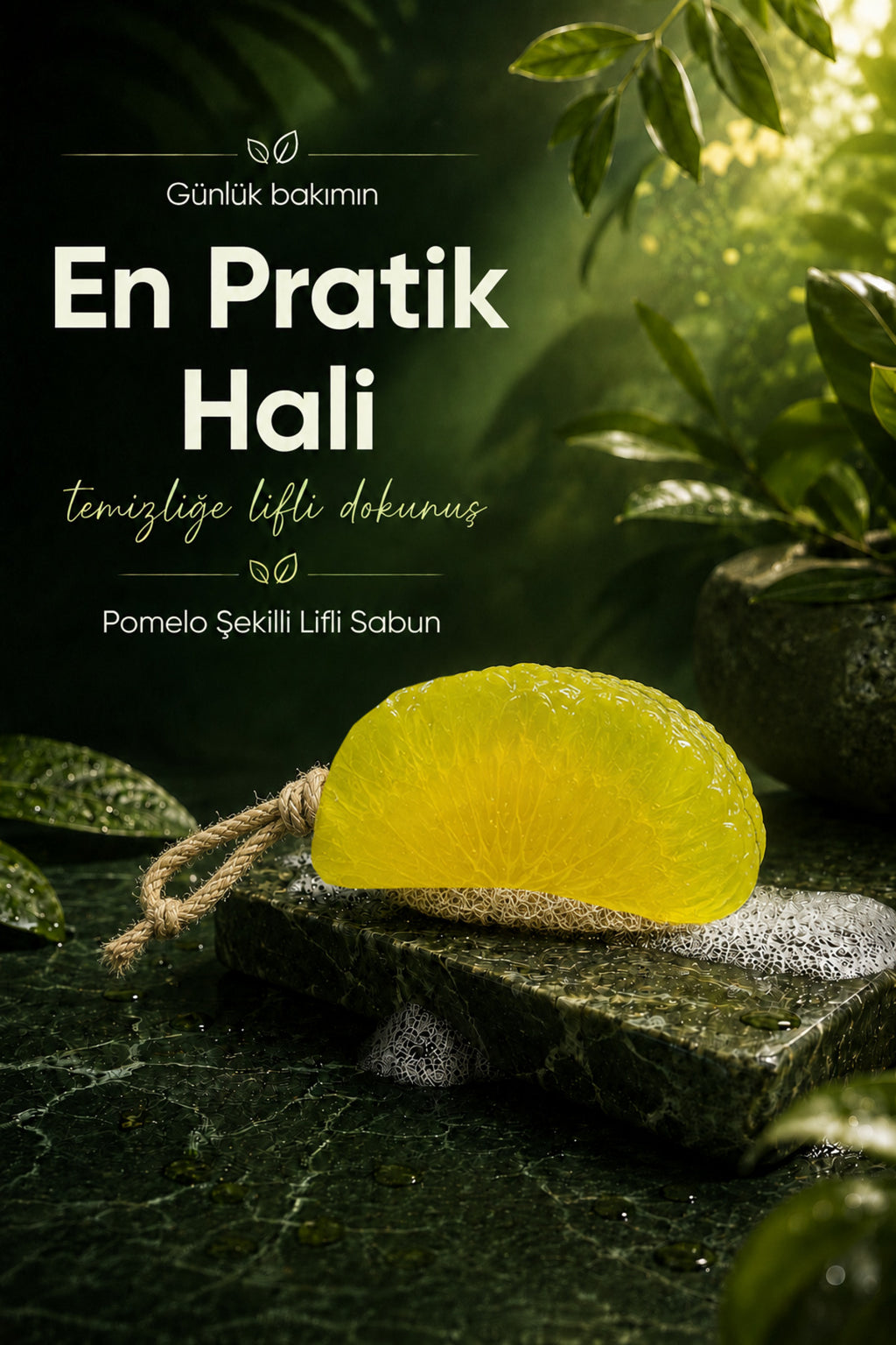Sarı Pomelo Dilimi Şekilli Lifli Katı Sabun 10x6x4 cm Peeling Etkili Asılabilir Dekoratif Banyo El Sabunu