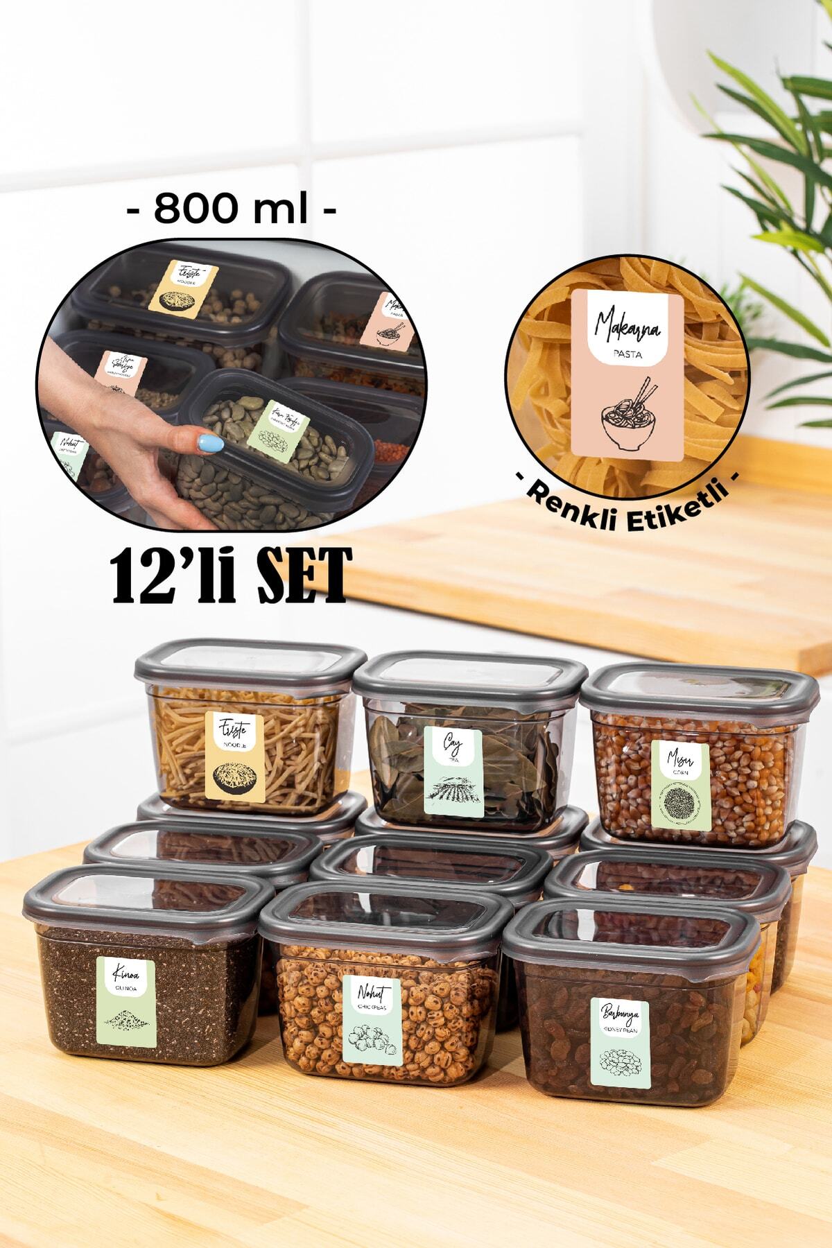 Renkli Etiketli 12li Peggy Dikdörtgen Baharatlık Seti 800 Ml Antrasit