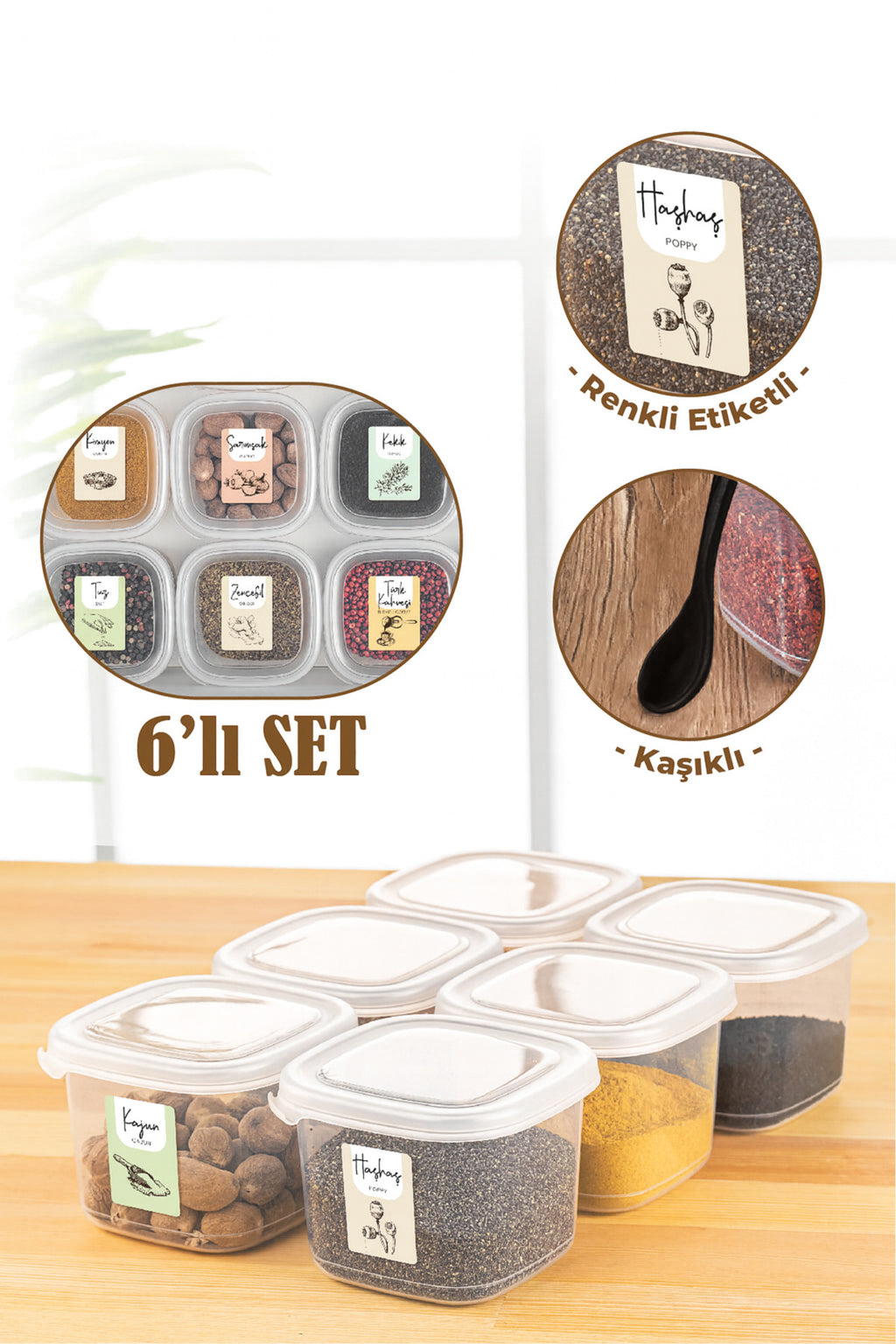 Renkli Etiketli Kaşıklı 6lı 0,55 Litre Peggy Kare Baharat Saklama Kabı Beyaz